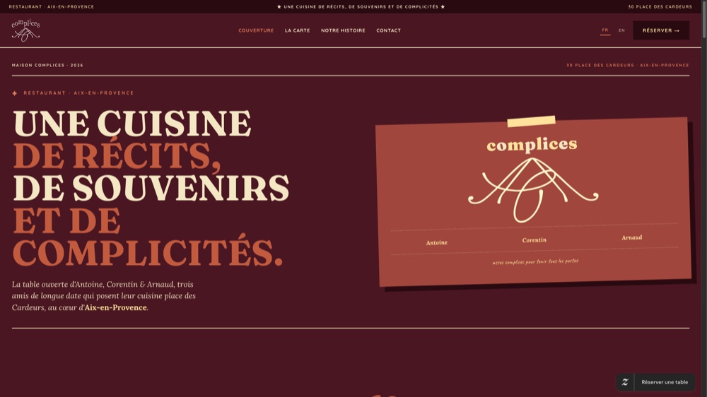 Site de Complices, restaurant méditerranéen fait maison à Aix-en-Provence, réalisation Digiflow